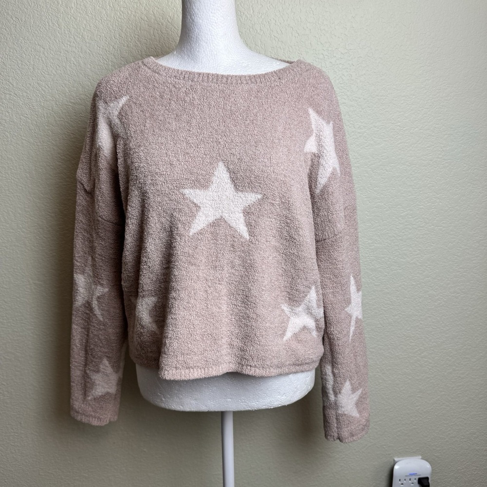 Harper Heritage Tan Pink Women's Sweater Size M Drop Shoulder Stars Crop